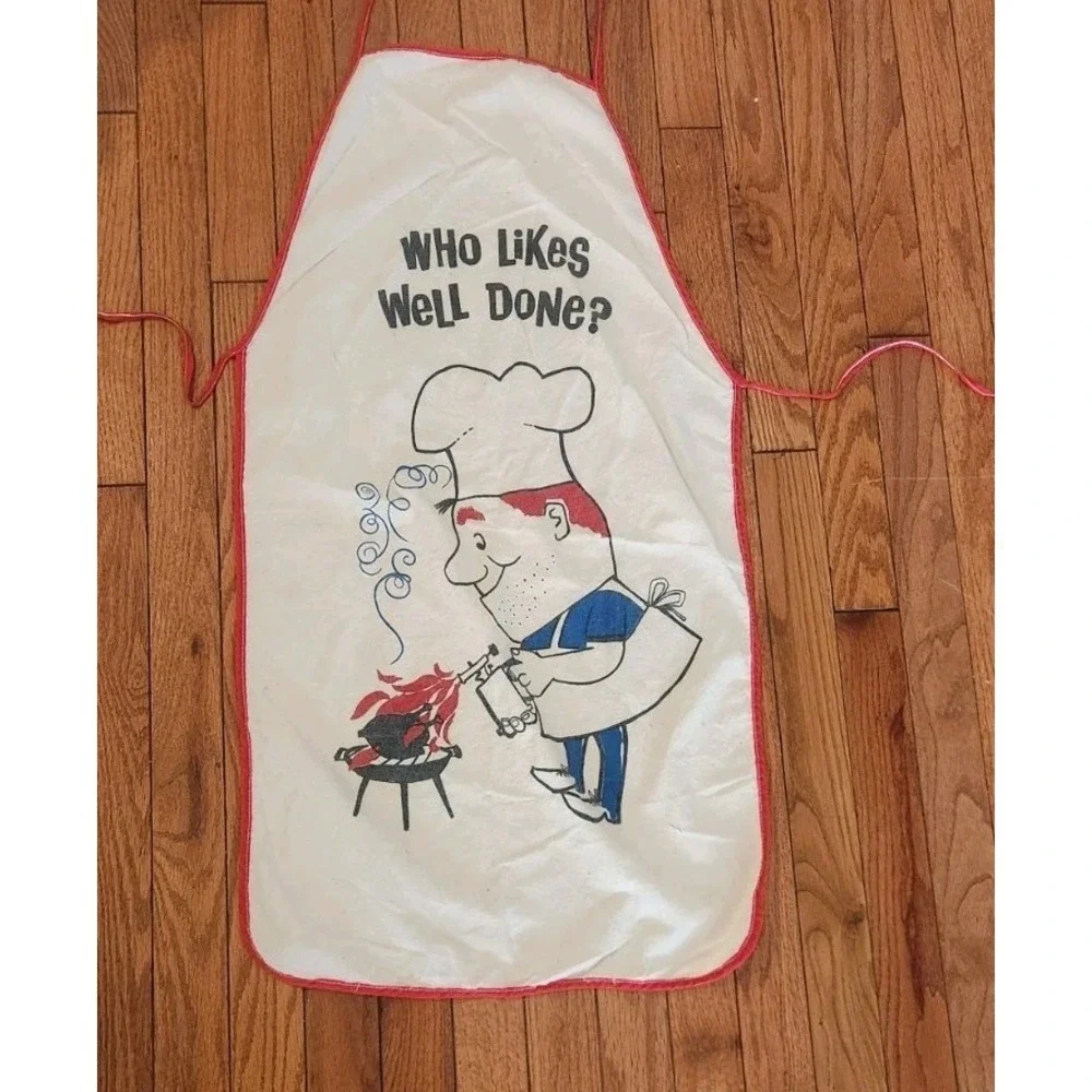 Novelty‎ Who Likes Well Done Apron Cartoon Stomach Pump retro vintage kitsch